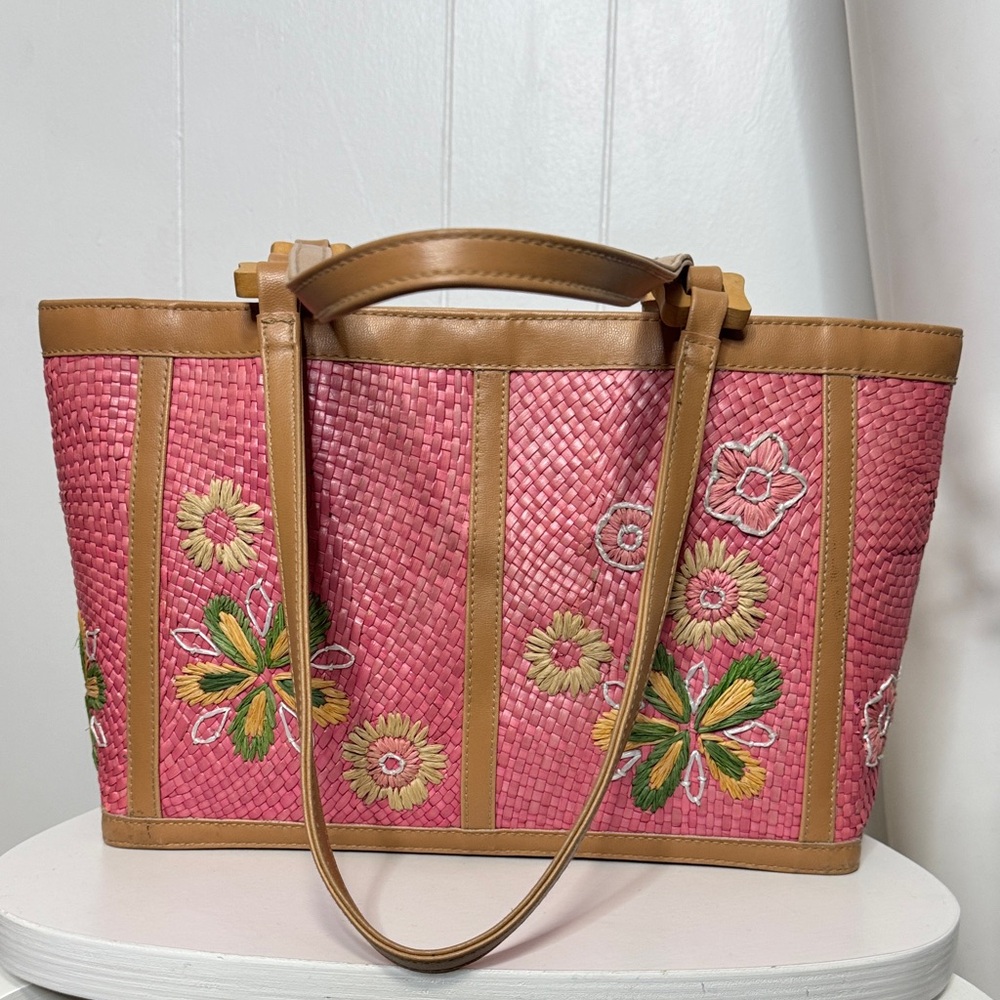 Vintage floral basket weave purse bag pink